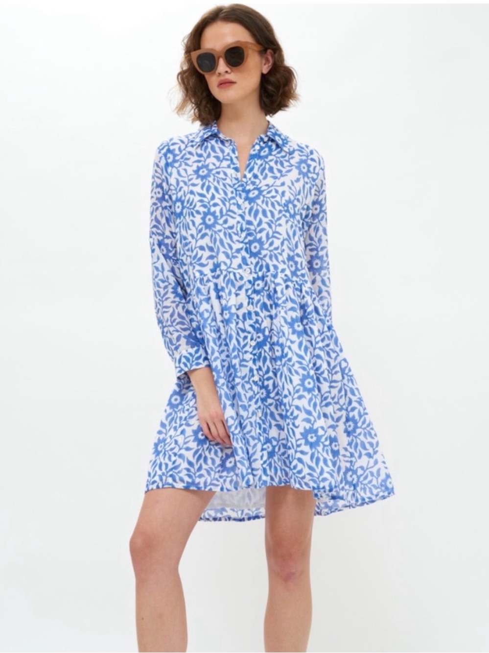 OLIPHANT Long Sleeve Mini Shirtdress Swing Size XXS Blue Jakarta Peri Floral